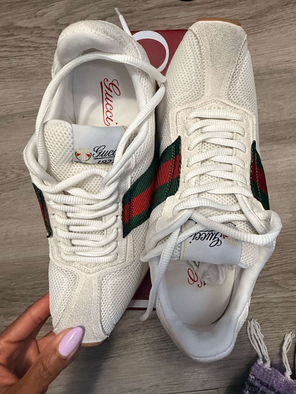 Gucci White Sneakers with Green and Red Web Accent